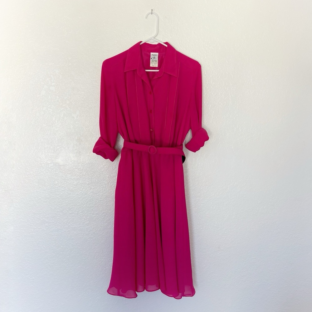 Vintage 80s Bright Pink Dress Matching Belt 2pc Set 1980 Secretary Long Sleeve S